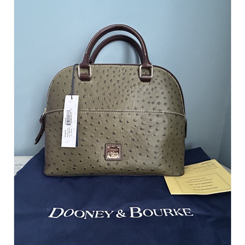 Dooney & Bourke Genuine Ostrich Leather Carter Satchel Olive Brown Dome COA New
